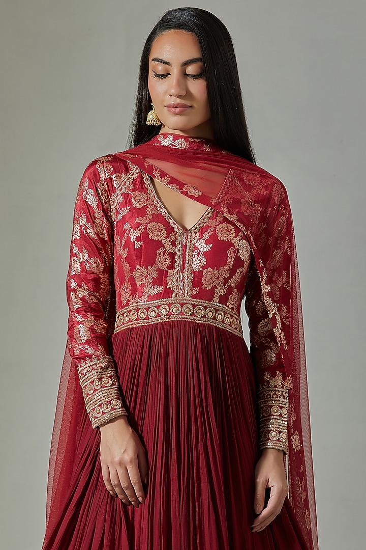 Rust Banarasi & Georgette Embroidered Party Wear Anarkali Set by Basanti - Kapde aur Koffee at Pernia's Pop Up Shop