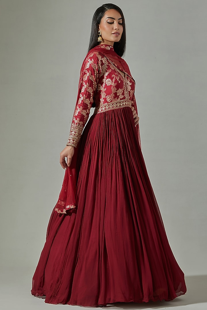 Rust Banarasi & Georgette Embroidered Party Wear Anarkali Set by Basanti - Kapde aur Koffee at Pernia's Pop Up Shop