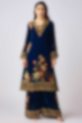 Midnight Blue Velvet Swarovski Embroidered Kurta Set by Basanti - Kapde aur Koffee at Pernia's Pop Up Shop