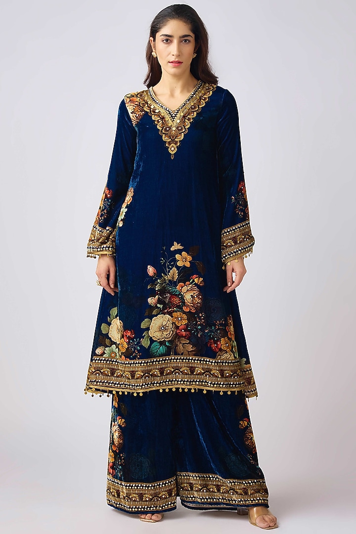Midnight Blue Velvet Swarovski Embroidered Kurta Set by Basanti - Kapde aur Koffee at Pernia's Pop Up Shop