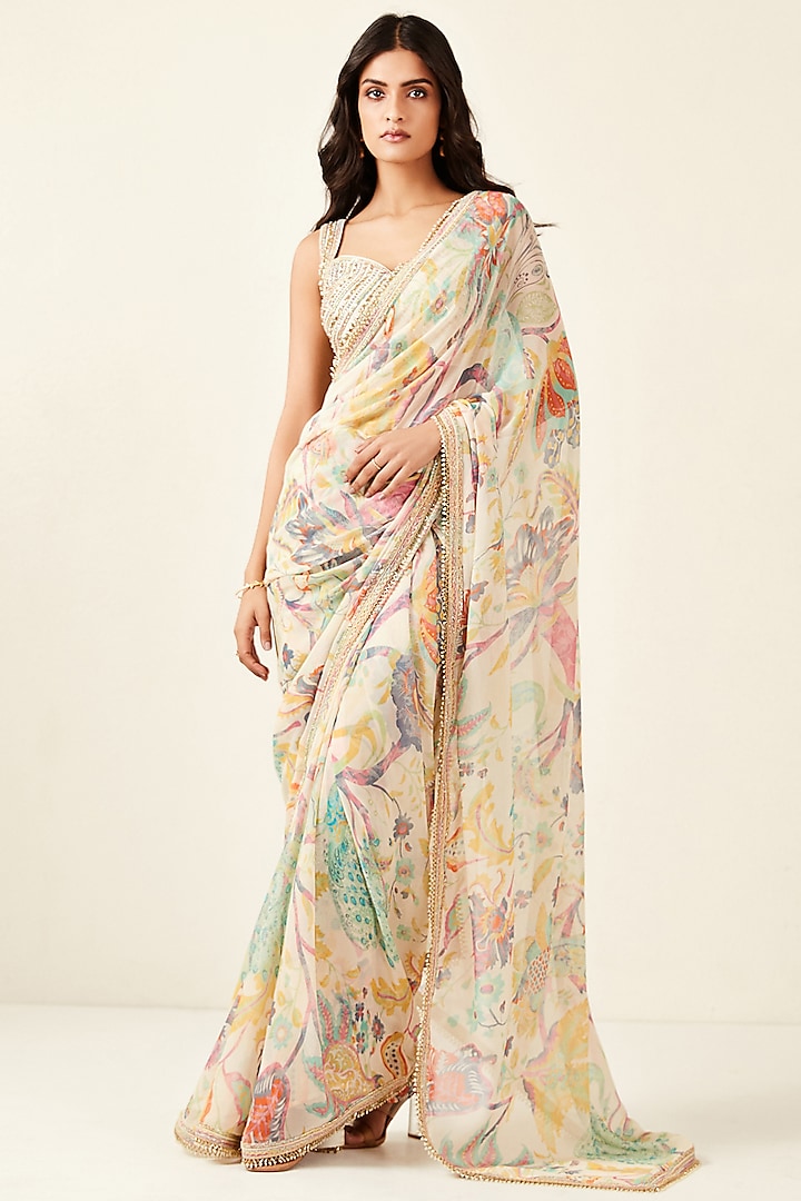 Multi-Colored Georgette Printed Saree Set by Basanti - Kapde aur Koffee at Pernia's Pop Up Shop