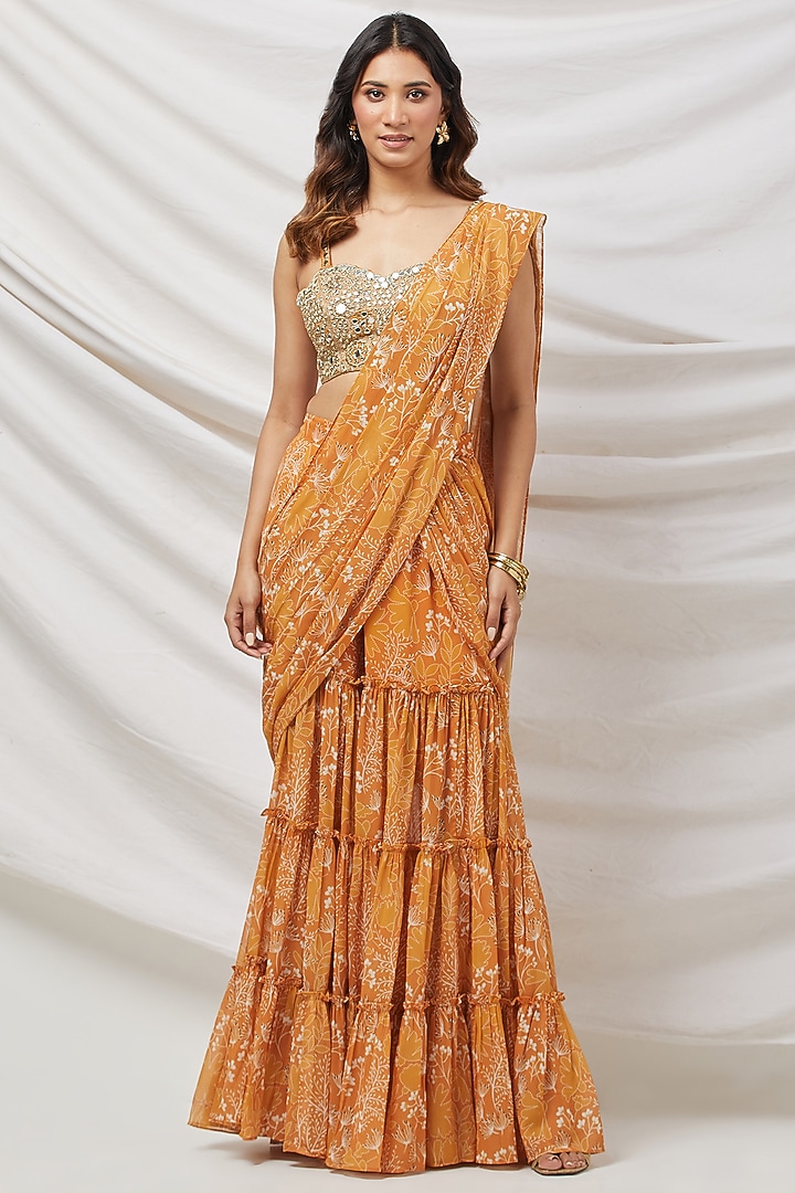Mustard Georgette Printed Sharara Festive Saree Set by Basanti - Kapde aur Koffee at Pernia's Pop Up Shop