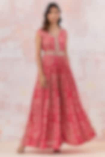 Pink Chinon Printed & Embroidered Jumpsuit With Belt by Basanti - Kapde aur Koffee at Pernia's Pop Up Shop