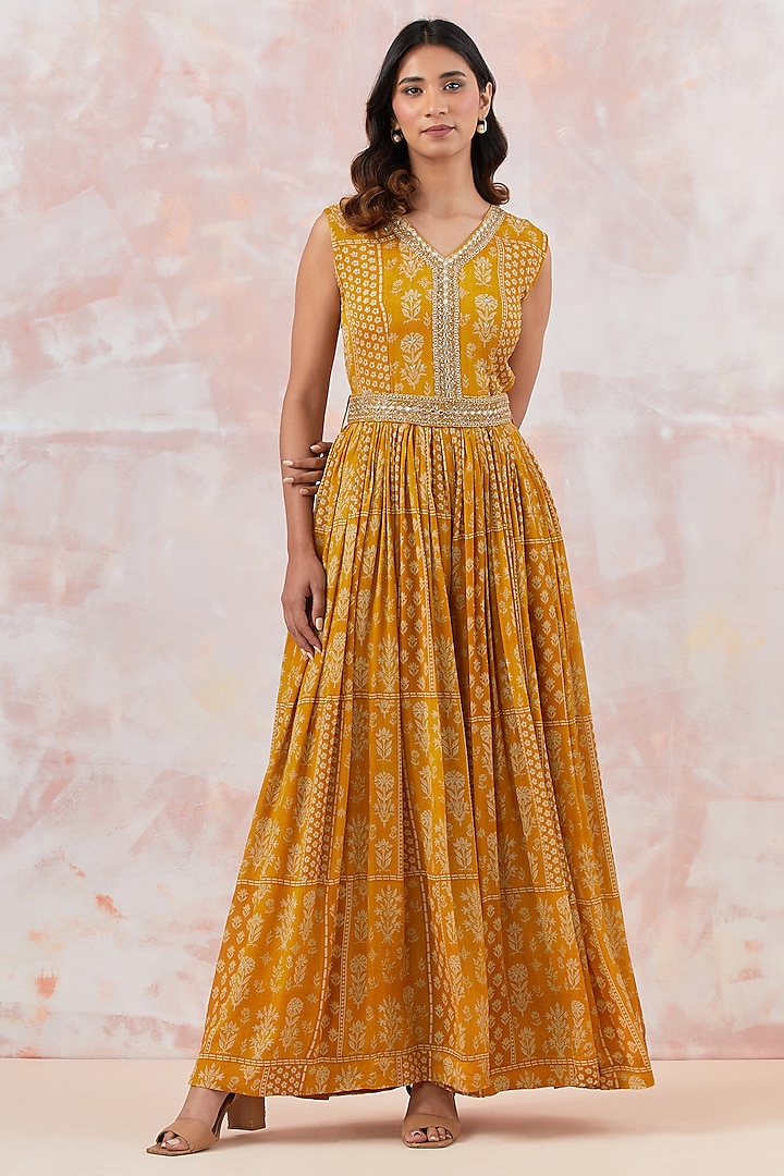 Yellow Chinon Printed & Embroidered Jumpsuit With Belt by Basanti - Kapde aur Koffee at Pernia's Pop Up Shop