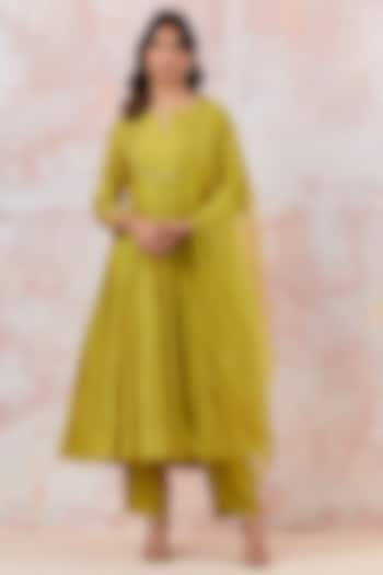 Lime Green Cotton Silk Embroidered Anarkali Set by Basanti - Kapde aur Koffee at Pernia's Pop Up Shop