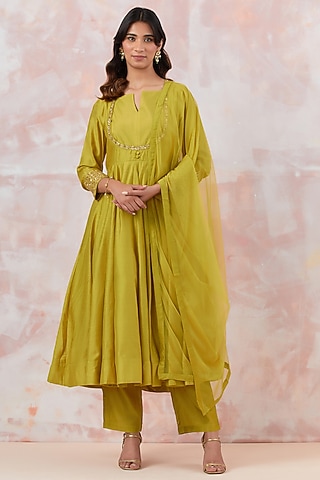 Lime Green Cotton Silk Embroidered Anarkali Set by Basanti - Kapde aur Koffee