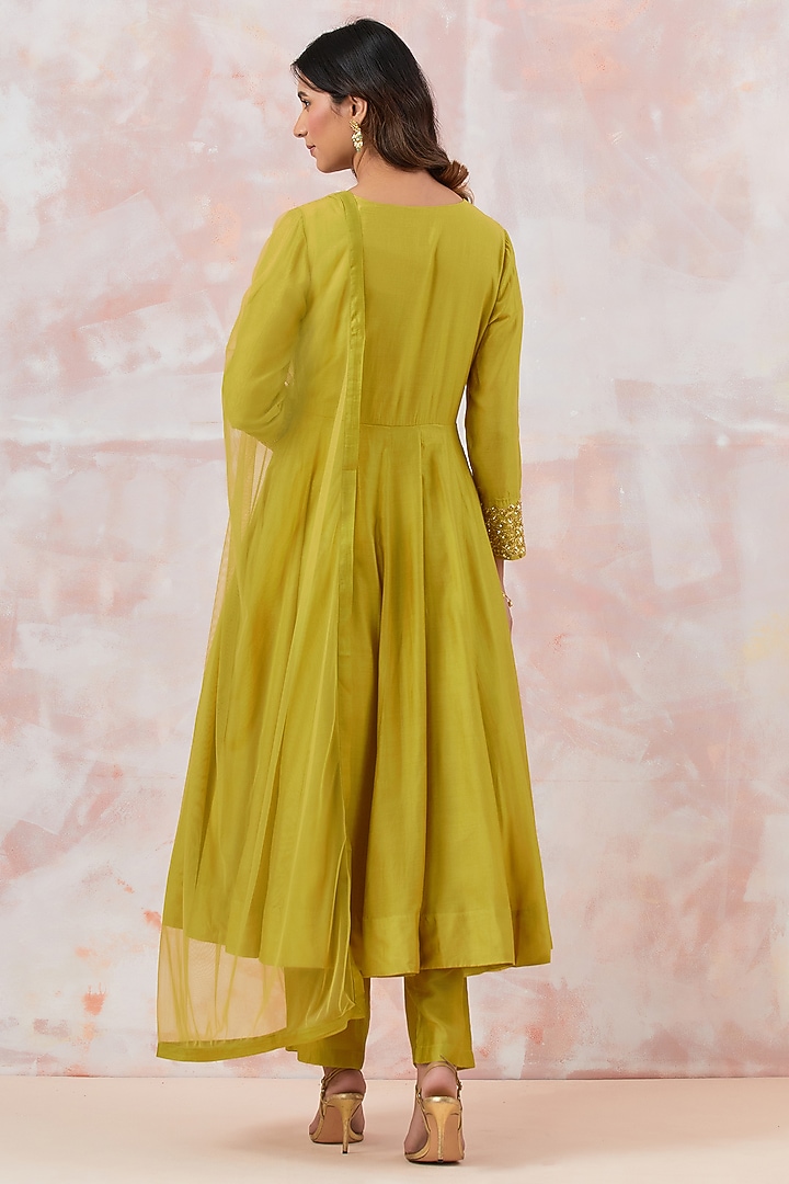 Lime Green Cotton Silk Embroidered Anarkali Set by Basanti - Kapde aur Koffee at Pernia's Pop Up Shop