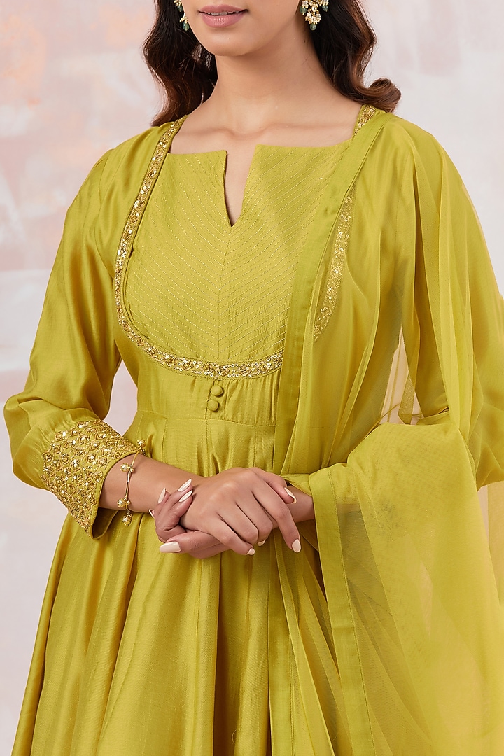 Lime Green Cotton Silk Embroidered Anarkali Set by Basanti - Kapde aur Koffee at Pernia's Pop Up Shop