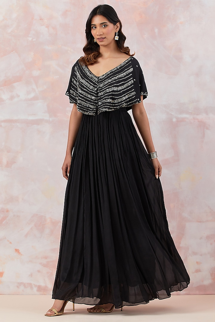 Black Georgette Embroidered Cape Gown by Basanti - Kapde aur Koffee at Pernia's Pop Up Shop