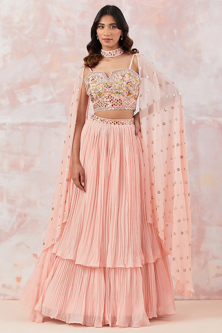 Peach Chinon Embroidered Lehenga Set by Basanti - Kapde aur Koffee at Pernia's Pop Up Shop