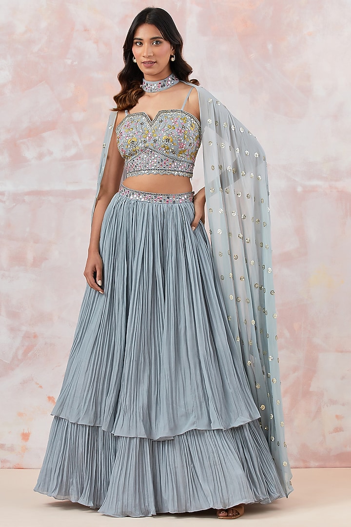 Grey Chinon Embroidered Lehenga Set by Basanti - Kapde aur Koffee at Pernia's Pop Up Shop