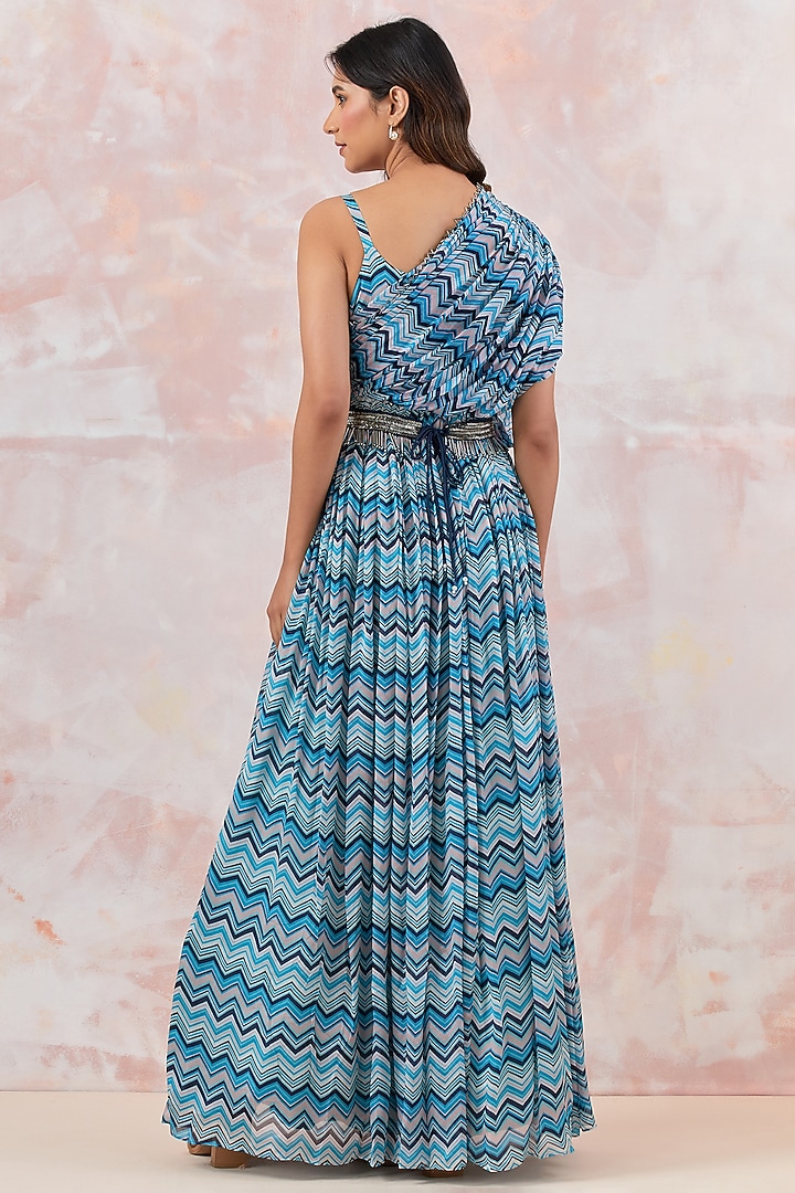 Blue Chinon Maxi Summer Dress With Belt by Basanti - Kapde aur Koffee at Pernia's Pop Up Shop