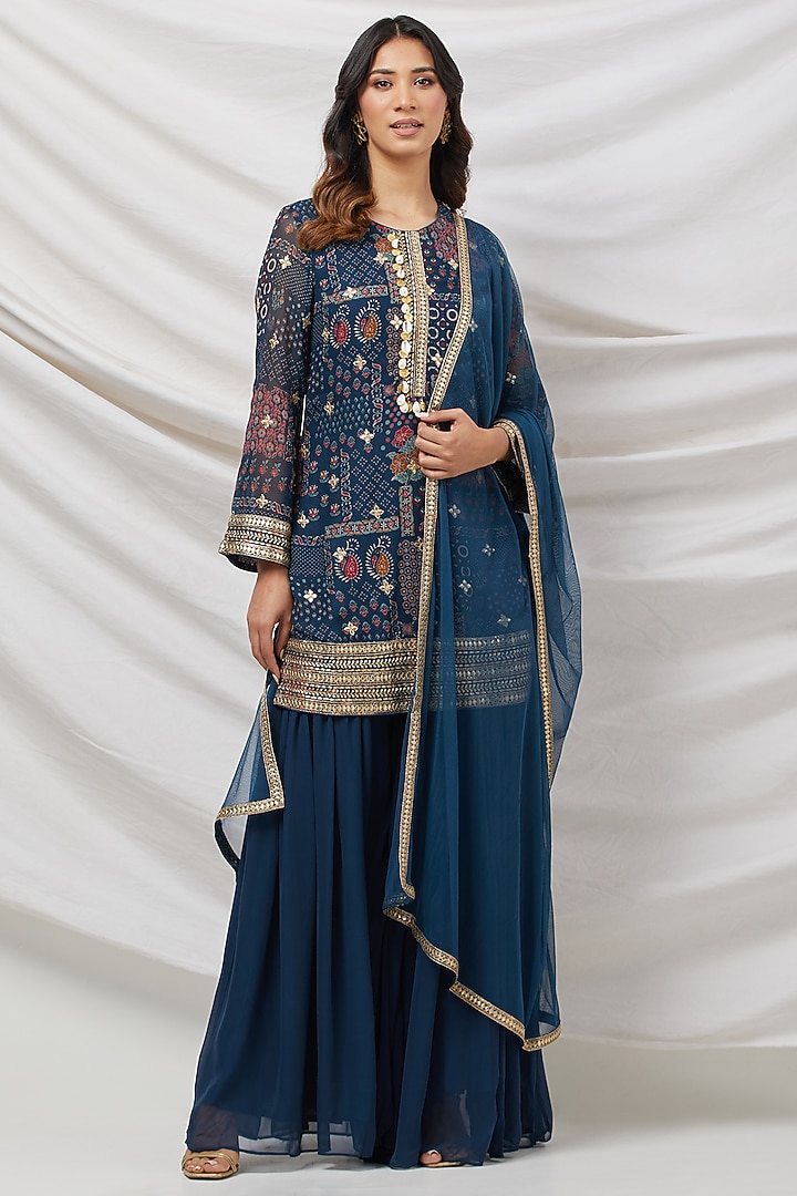Teal Blue Georgette Sharara Set by Basanti - Kapde aur Koffee at Pernia's Pop Up Shop