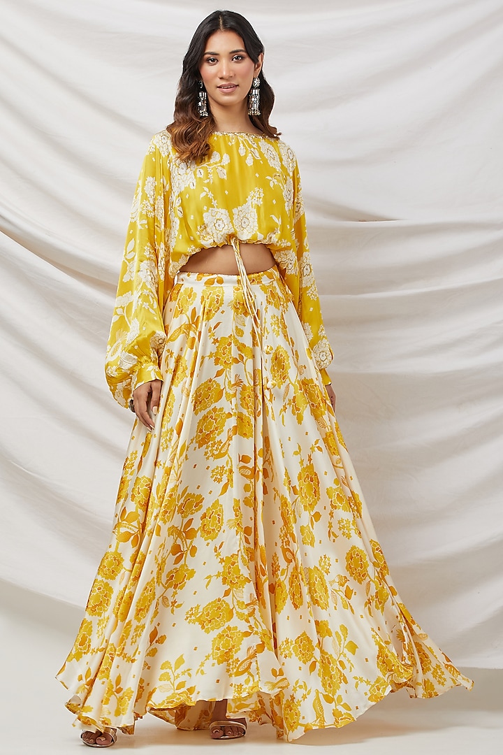 Mustard Satin Crepe Printed Skirt Set by Basanti - Kapde aur Koffee at Pernia's Pop Up Shop