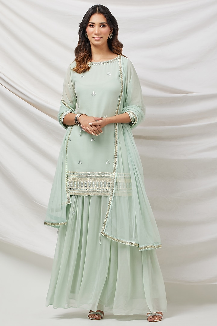Aqua Blue Georgette Sharara Set by Basanti - Kapde aur Koffee at Pernia's Pop Up Shop
