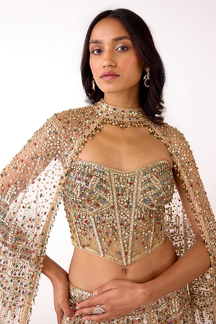 Golden Butterfly Net Sequins Embroidered Wedding Lehenga Set by Basanti - Kapde aur Koffee at Pernia's Pop Up Shop