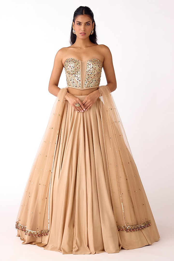 Golden Scuba Lycra Wedding Lehenga Set by Basanti - Kapde aur Koffee at Pernia's Pop Up Shop