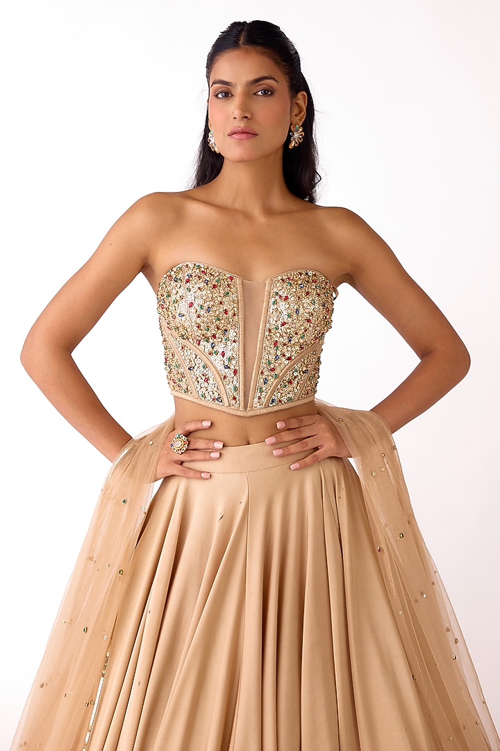 Golden Scuba Lycra Wedding Lehenga Set by Basanti - Kapde aur Koffee at Pernia's Pop Up Shop