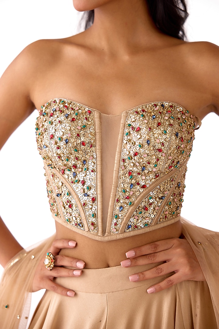 Golden Scuba Lycra Wedding Lehenga Set by Basanti - Kapde aur Koffee at Pernia's Pop Up Shop