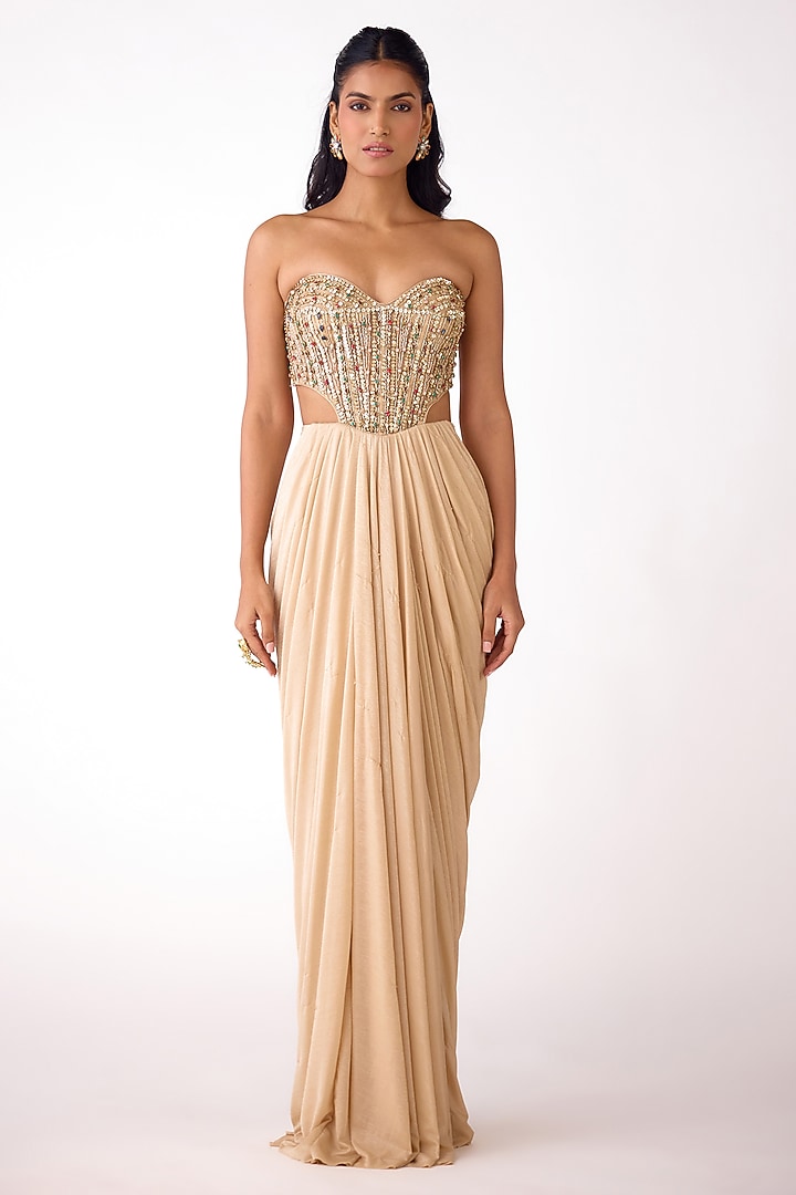 Golden Glass Lycra Draped Skirt Set by Basanti - Kapde aur Koffee at Pernia's Pop Up Shop