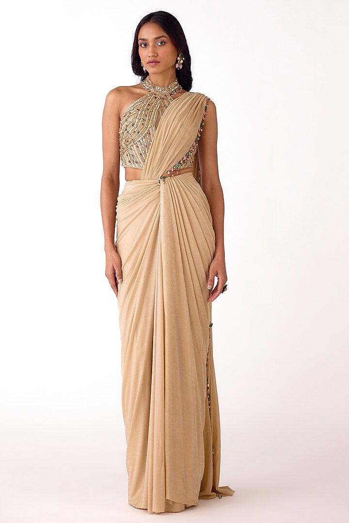 Golden Glass Lycra Sequins Embroidered Draped Party Wear Saree Set by Basanti - Kapde aur Koffee at Pernia's Pop Up Shop