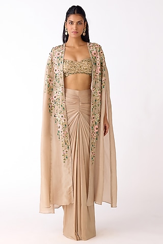 Golden Glass Lycra Draped Skirt Set by Basanti - Kapde aur Koffee