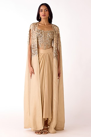 Golden Glass Lycra Draped Skirt Set by Basanti - Kapde aur Koffee