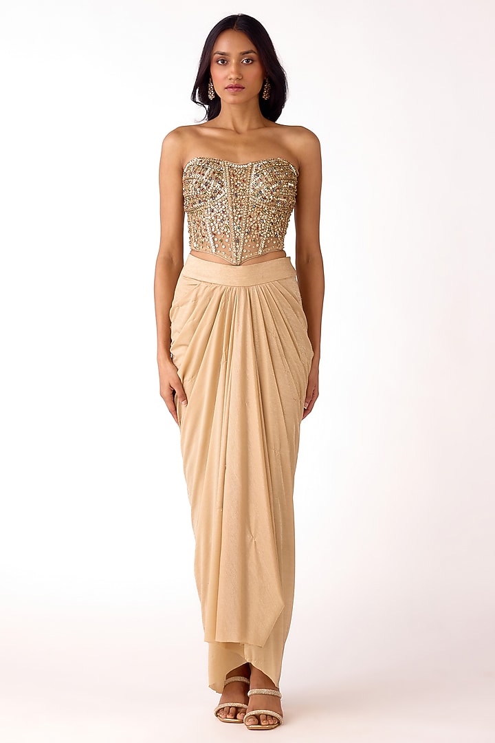 Golden Glass Lycra Draped Skirt Set by Basanti - Kapde aur Koffee at Pernia's Pop Up Shop