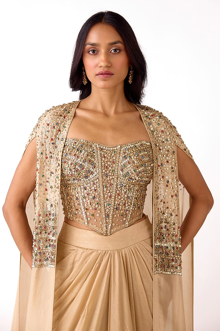 Golden Glass Lycra Draped Skirt Set by Basanti - Kapde aur Koffee at Pernia's Pop Up Shop