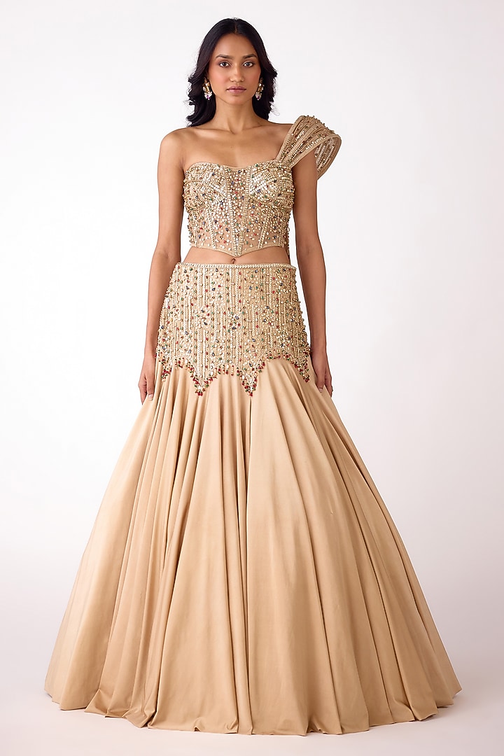 Golden Viscose Organza Fishtail Wedding Lehenga Set by Basanti - Kapde aur Koffee at Pernia's Pop Up Shop