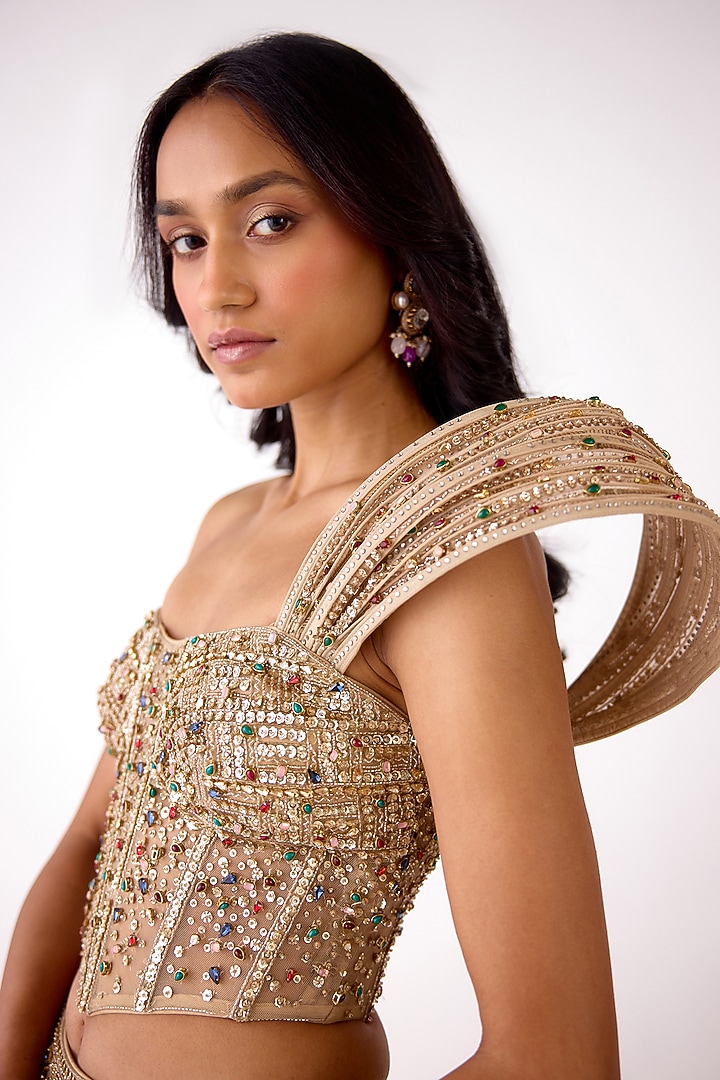Golden Viscose Organza Fishtail Wedding Lehenga Set by Basanti - Kapde aur Koffee at Pernia's Pop Up Shop