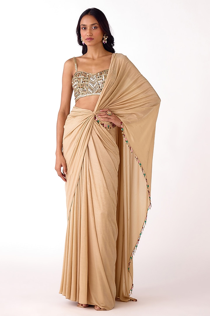 Golden Glass Lycra Sequins Embroidered Draped Party Wear Saree Set by Basanti - Kapde aur Koffee at Pernia's Pop Up Shop