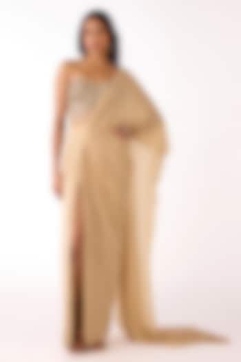 Golden Glass Lycra Sequins Embroidered Draped Slit Wedding Saree Set by Basanti - Kapde aur Koffee at Pernia's Pop Up Shop