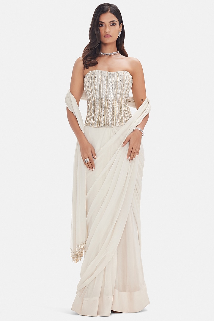 Ivory Georgette Sequins Embroidered Draped Party Wear Saree Set by Basanti - Kapde aur Koffee at Pernia's Pop Up Shop