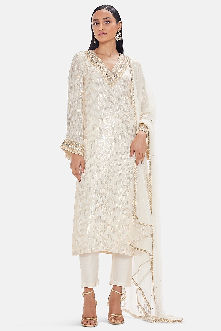 Ivory Georgette Sequins Embroidered Kurta Set by Basanti - Kapde aur Koffee at Pernia's Pop Up Shop