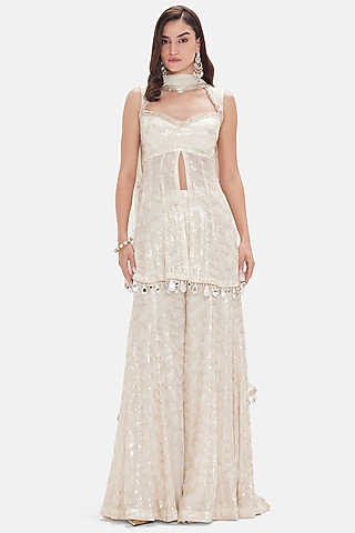 Ivory Georgette Sequins Embroidered Sharara Set by Basanti - Kapde aur Koffee