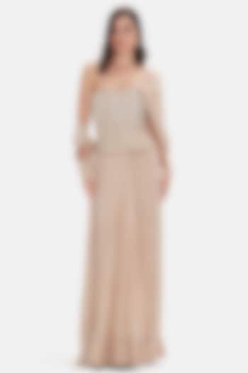 Beige Georgette Sequins Embroidered Draped Party Wear Saree Set by Basanti - Kapde aur Koffee at Pernia's Pop Up Shop