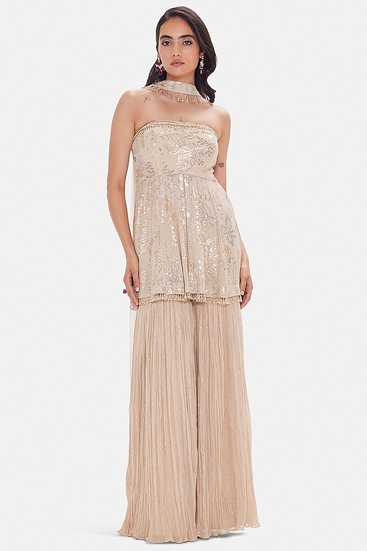 Beige Georgette Sequins Embroidered Party Wear Sharara Set by Basanti - Kapde aur Koffee at Pernia's Pop Up Shop