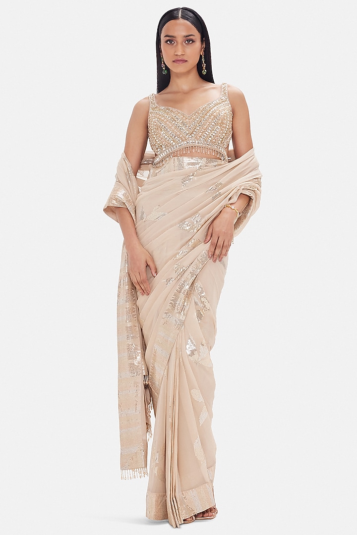 Beige Georgette Sequins Embroidered Draped Party Wear Saree Set by Basanti - Kapde aur Koffee at Pernia's Pop Up Shop