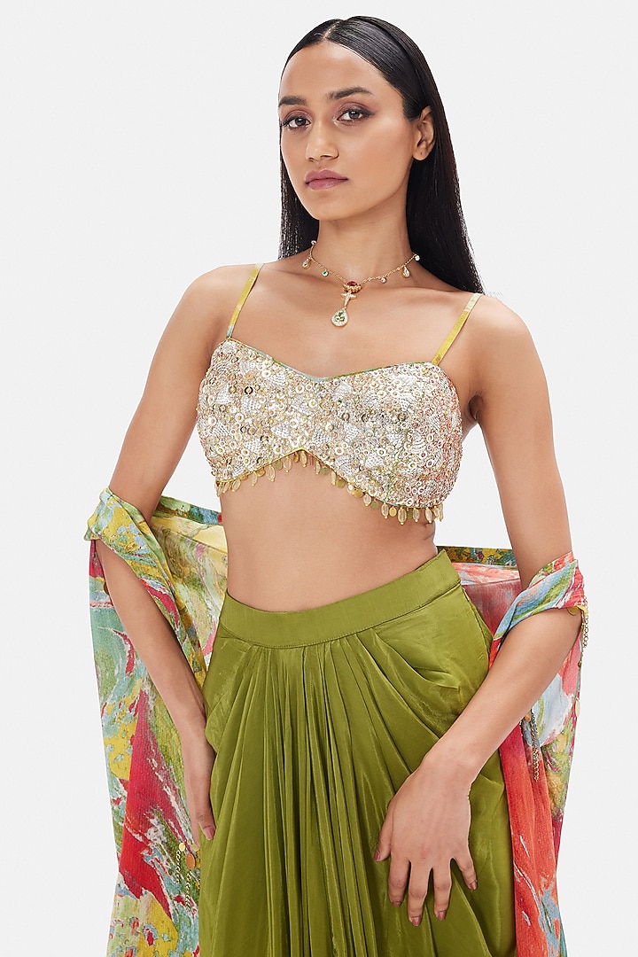 Green Crepe Draped Skirt Set by Basanti - Kapde aur Koffee at Pernia's Pop Up Shop