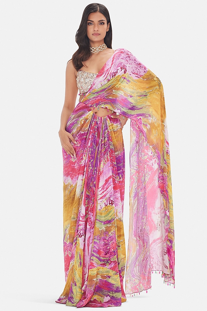 Pink Crepe Draped Party Wear Saree Set by Basanti - Kapde aur Koffee at Pernia's Pop Up Shop