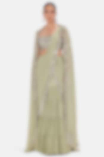 Green Georgette Draped Party Wear Saree Set by Basanti - Kapde aur Koffee at Pernia's Pop Up Shop