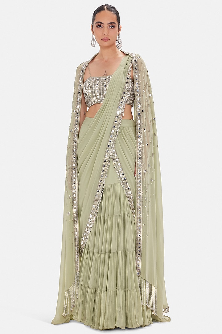 Green Georgette Draped Party Wear Saree Set by Basanti - Kapde aur Koffee at Pernia's Pop Up Shop