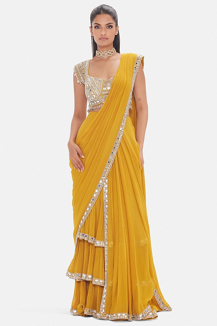 Mustard Georgette Draped Wedding Saree Set by Basanti - Kapde aur Koffee at Pernia's Pop Up Shop