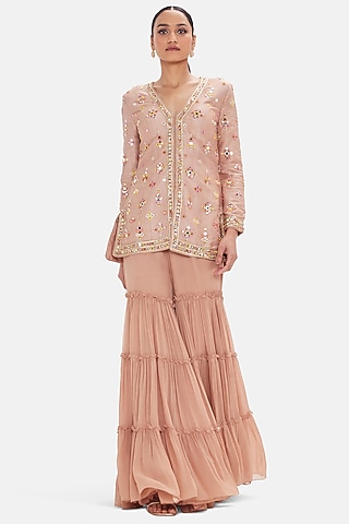 Peach Tissue Sequins Work Sharara Set by Basanti - Kapde aur Koffee