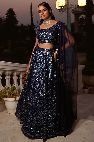 Blue Sequins Net Embroidered Lehenga Set by Basanti - Kapde aur Koffee