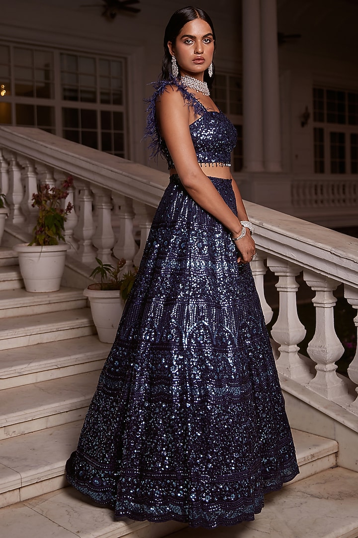 Blue Sequins Net Embroidered Wedding Lehenga Set by Basanti - Kapde aur Koffee at Pernia's Pop Up Shop