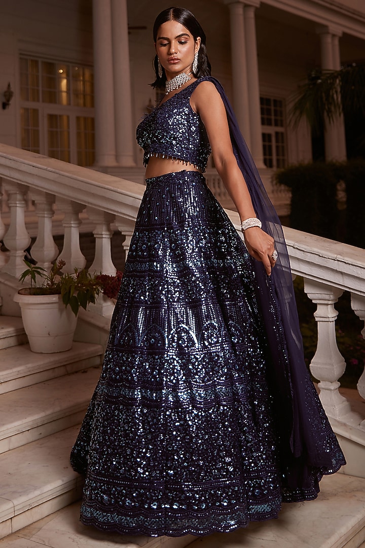 Blue Sequins Net Embroidered Wedding Lehenga Set by Basanti - Kapde aur Koffee at Pernia's Pop Up Shop