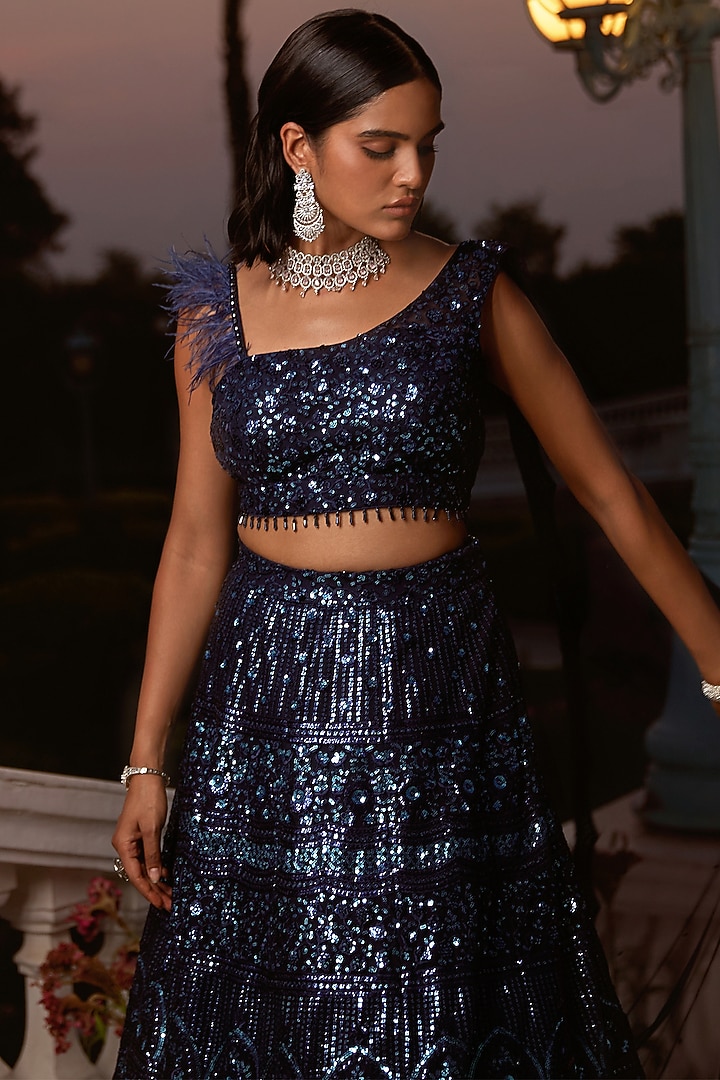Blue Sequins Net Embroidered Wedding Lehenga Set by Basanti - Kapde aur Koffee at Pernia's Pop Up Shop