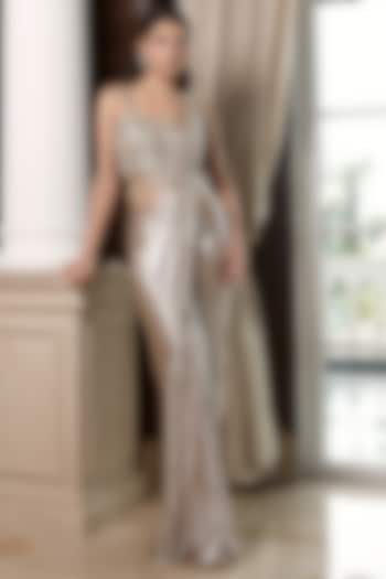 Gold Satin Lycra Pre-Draped Party Wear Saree Set by Basanti - Kapde aur Koffee at Pernia's Pop Up Shop